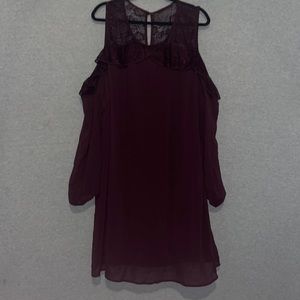 Maurices Maroon Sleeved with Cold Shoulder Ruffled Dress